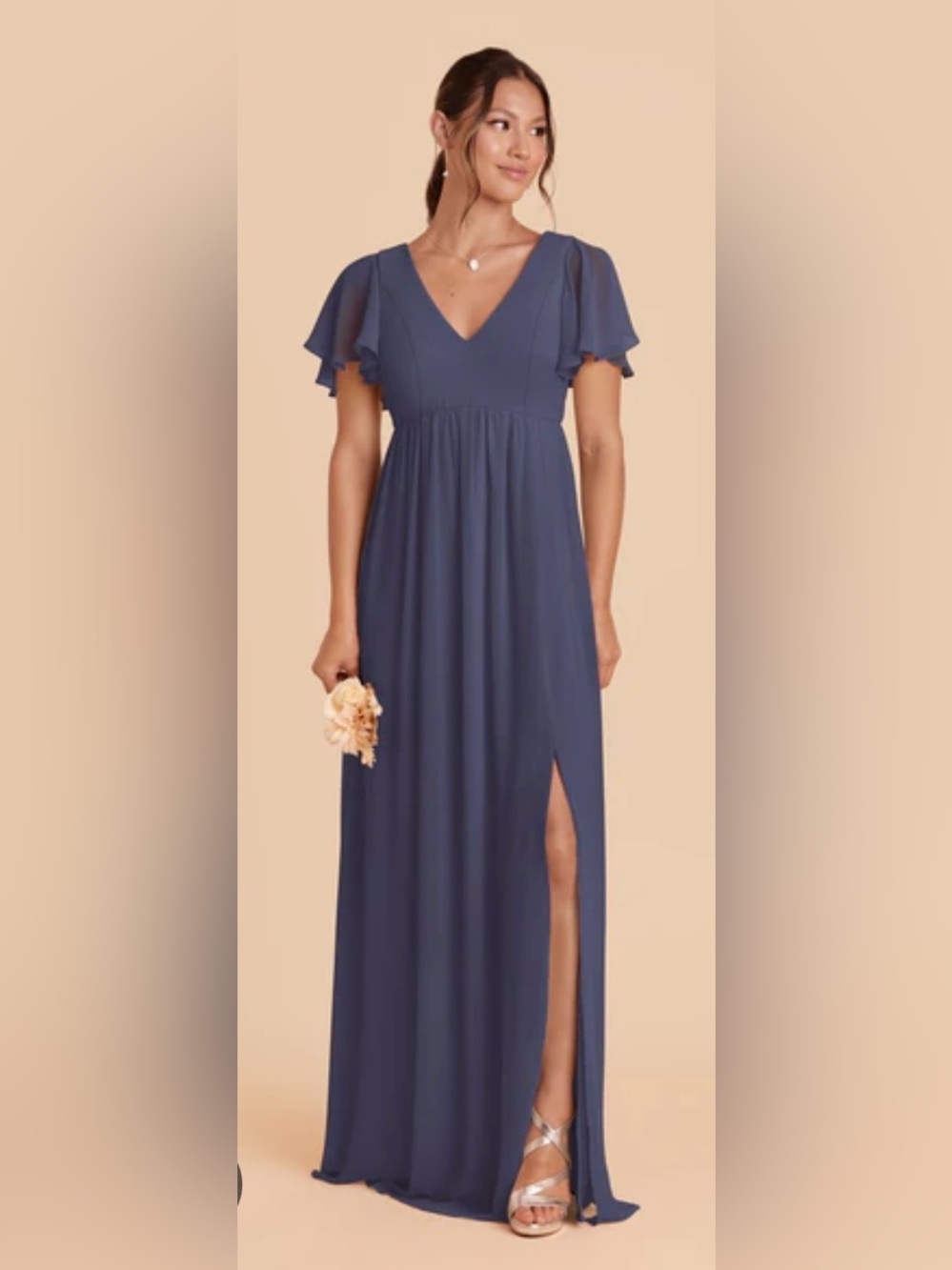 Birdy Grey Hannah Dress L Flutter Sleeves Crepe Blue Maxi Formal Bridesmaid